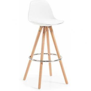 Kave Home - Taburete Alto de Bar Slad Blanco 74 cm con Respaldo, Asiento tapizado en Piel sintética y Patas de Madera Maciza de Haya