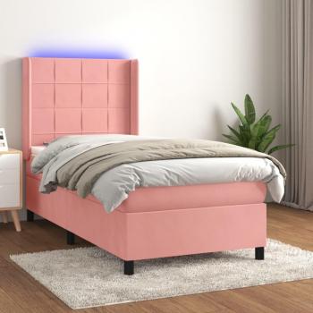 Cama box spring con colchón y LED terciopelo rosa 90x190 cm