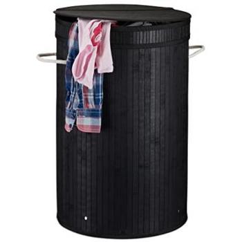 Cesto Ropa Sucia Plegable de Bambú 3x, Redondo con Tapa, 65 Litros, Ø 40 cm, Negro