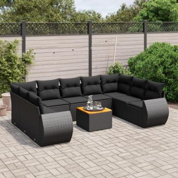 Set de sofás de jardín 10 pzas con cojines, ratán sintético negro