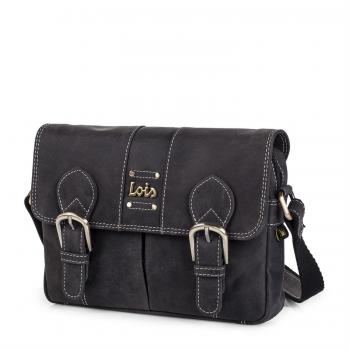 Lois - Bolsos de Mujer - Bolso Bandolera Mujer - Bolsos Bandolera Mujer de Marca Ajustable con Solapa y Cremallera. Bolsillo Exterior detrás con Cremallera. Casual. Piel Genuina 91566, Color Negro
