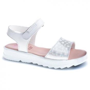 Sandalias abiertas de niña Pablosky Olimpo en piel blanca con cierre de velcro, fabricadas en España