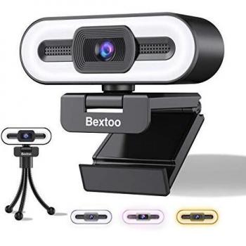 Bextoo Webcam 1080P HD, Cámara Web para PC con Anillo de Luz de 3 Colores y Micrófono Estéreo, Enfoque Automático, Plug and Play, Utilizado para Videollamadas y Reuniones, Enseñanza en Línea, Juegos