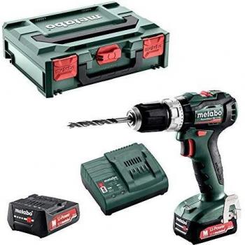 Metabo 601077500 601077500-Taladro percutor sin escobillas a bateria 12V / 2X 2,0 Ah Li-Ion PowerMaxx SB 12 BL con maletín, 12 V, Negro, Verde, Rojo, Plata