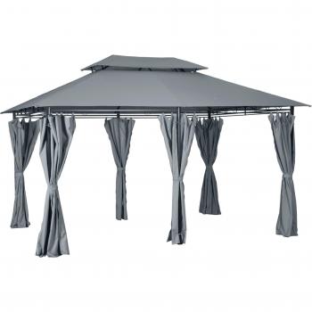 Outsunny Cenador de Jardín 3x4 m Marco Acero Gazebo con Doble Techo 6 Cortinas Laterales 8 Orificios de Drenaje Buena Ventilación para Fiestas