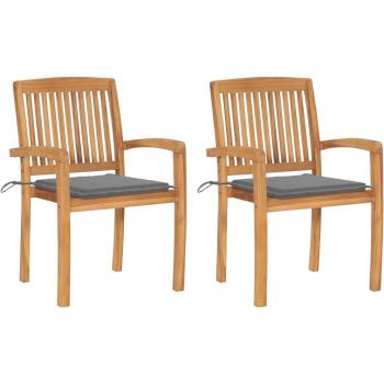 Teak Garden Chairs Set with Grey Cushions - 2 Pieces