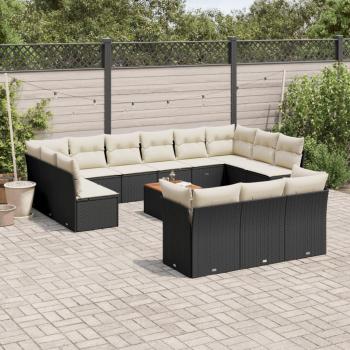 14-Piece Black Poly Rattan Garden Sofa Set with Cushions