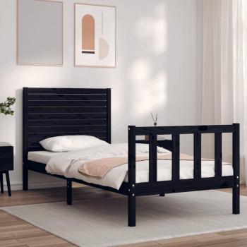 Estructura de cama con cabecero de madera maciza negra 90x200 cm
