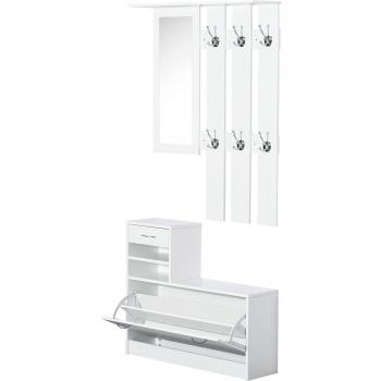 Conjunto de Muebles para Recibidor Pasillo 3 Piezas Incluye Perchero, Espejo y Zapatero con Cajón 90x22x116cm Blanco Madera