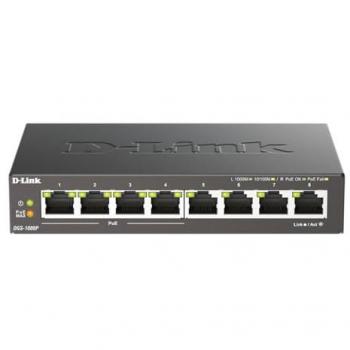 D-Link DGS-1008P 8-Port Unmanaged L2 Gigabit Ethernet PoE Switch, 80W Power Budget, Metal, Fanless, Black
