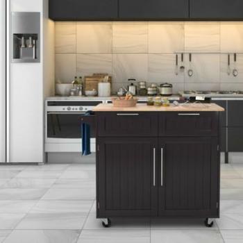 Rolling Kitchen Island Cart with Towel Rack and Drawer, Contemporary MDF and Rubberwood in Brown