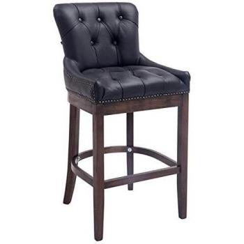 Taburete de Bar Lakewood en Cuero Auténtico Negro, Diseño Vintage con Respaldo y Reposapiés, Estructura de Madera Oscura