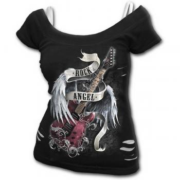 Spiral Direct Women's Rock Angel-2In1 White Ripped Top T-Shirt, Black