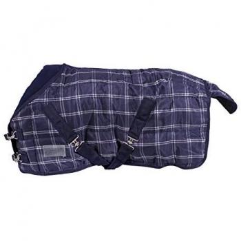 QHP Falabella - Manta para caballo, 200 g, minishetty, correas cruzadas, cordones para las piernas, protector para la cola, diseño de cuadros azules