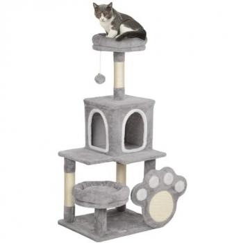 PawHut Árbol Rascador para Gatos 110 cm con Nidos, Cueva, Plataforma, Almohadilla de Rascado y Bola Colgante en Gris Claro
