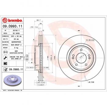 Disco de freno BREMBO 09D99311 frente, ventilado, altamente carbonizado, 1 pieza