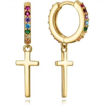 Pendientes Viceroy Trend de plata de ley con baño de oro, circonitas multicolor y cruz
