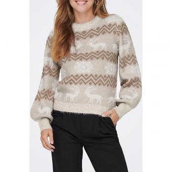 Jersey Only Xmas beige para mujer con estampado de cenefas y cuello redondo