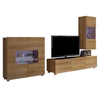 Conjunto de salón moderno Providence B111 en roble dorado con mesa de TV y equipo adicional, partes separadas, aglomerado laminado y LED