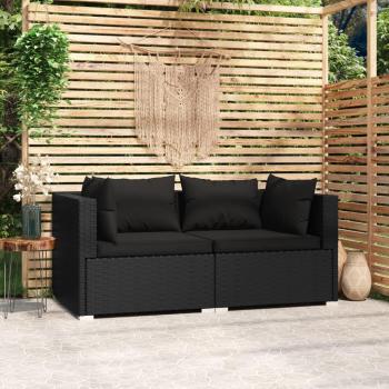 Sofá de 2 plazas con almohadas en Polyrattan negro