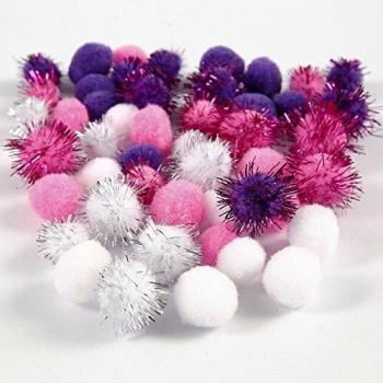 Pompones de 15 y 20 mm en colores morado, rojo claro y blanco, surtido de 48 unidades