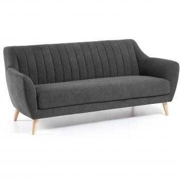 Kave Home - Sofá Obo de 3 plazas Gris Oscuro con reposabrazos y Patas de Madera Maciza de Caucho
