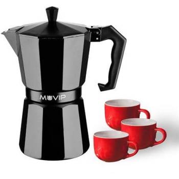Cafetera de Aluminio MUVIP 3 Tazas - Mango Ergonómico - Antiadherente - Apta para Cocinas Eléctricas, Vitrocerámicas y Gas - Color Negro Mate