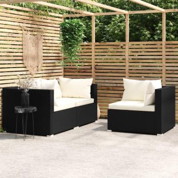3-Piece Black Poly Rattan Garden Lounge Set with Cushions
