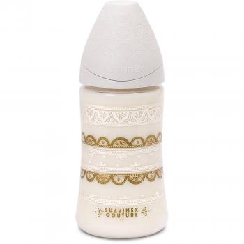 Suavinex - Biberón bebé Premium Haute Couture. Tetina redonda silicona 3 posiciones, 270ml. Biberón +0 meses. 0% BPA. diseño Étnico color blanco