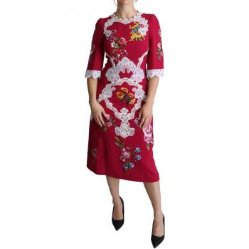 Dolce & Gabbana Red Floral Embroidered Sheath Midi Dress - IT42|M, Size: S