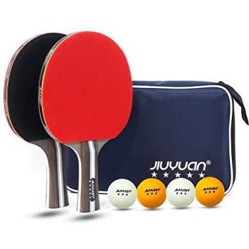 JIUYUAN Juego de Bate de Tenis de Mesa Profesional, Bate de Tenis de Mesa con Pelotas, 2 Palos de Tenis de Mesa de 5 Estrellas y 4 Pelotas de Tenis de Mesa Premium de 3 Estrellas y 1 Bolsa