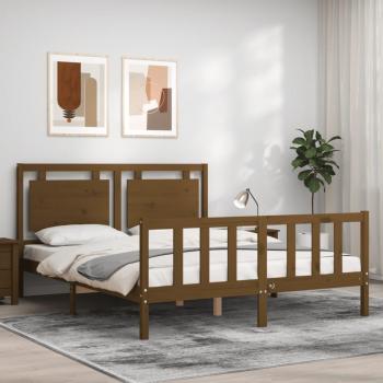 Estructura de cama matrimonio con cabecero de madera marrón miel VidaXL