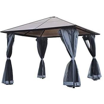 Toldo de Jardín con Techo Rígido de Policarbonato Impermeable 4x3 m, 4 Paneles Laterales Antirrayos UV y Mosquiteras en Gris Oscuro y Negro