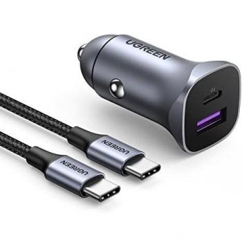 UGREEN 30W Cargador de Coche USB C con Cable USB C a USB C de 1M, 24W Cargador de Vehículo Tipo C y Tipo A Compatible con iPhone 13/12 Pro MAX SE 3 iPad Pro Galaxy S22 S21 S20 S10 Note 20 Xiaomi Mi11