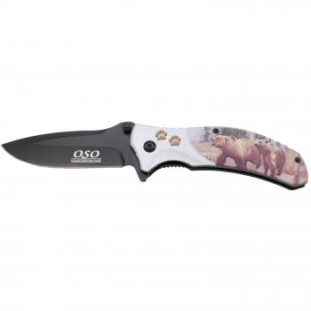 THIRD Navaja asistida K2809S, Mango de Aluminio con Imagen 3D con Motivo de Oso, Hoja de Acero 420 de 10 cm