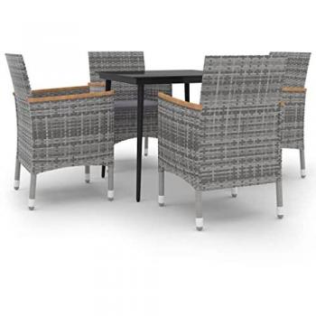 5 Piece Garden Dining Set with Cushions - Poly Rattan and Glass
