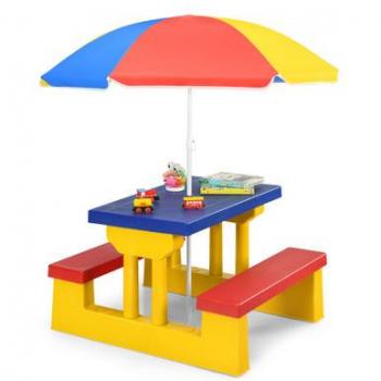 Children's Folding Picnic Table and Bench Set with Removable Umbrella for Indoor and Outdoor Use