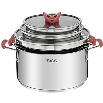 Set de Olla Tefal Opti Space 6 Piezas Acero Inoxidable con Tapa Plana, Mangos Antideslizantes y Marcaciones de Medida para Todo Tipo de Cocinas