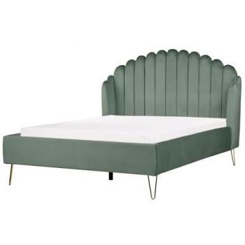 Cama matrimonial de terciopelo verde con somier y cabecero Ambillou 140 x 200 cm