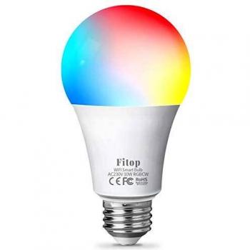 Fitop Bombilla Alexa LED Inteligente WiFi Regulable 10 W 900 LM Lámpara, E27 Multicolor Bombilla Compatible con Alexa, Echo e Google Home, A19 90W Equivalente RGBCW Color Cambio Bombilla, 1 Pcs