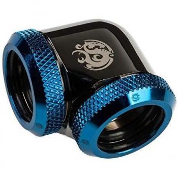Adaptador Bitspower 90 Grados para Tubos Duro de 16mm OD - Negro Brillante/Azul