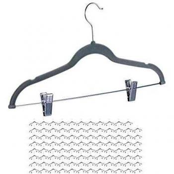 Perchas de terciopelo Relaxdays con pinzas y gancho giratorio 360º, set de 96 unidades, metal gris, 43 cm