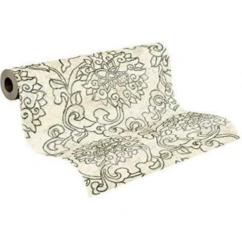 Papel Pintado Vliestapete Asian Fusion - Diseño Floral Blanco, Plata y Gris - 0.53 x 10.05 m