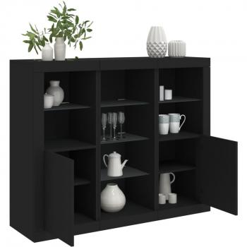 Aparador con luz LED 3 piezas de madera de ingeniería, mueble de almacenaje moderno para salón, armarios con puertas y cajón de madera, buffet y armario auxiliar negro