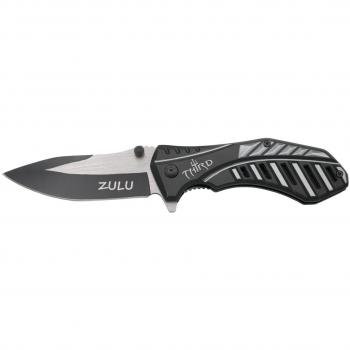 Navaja asistida Third Zulu K2799GY con mango de aluminio negro y gris, hoja de acero inoxidable de 9.6 cm con corte en negro, clip y funda de nylon