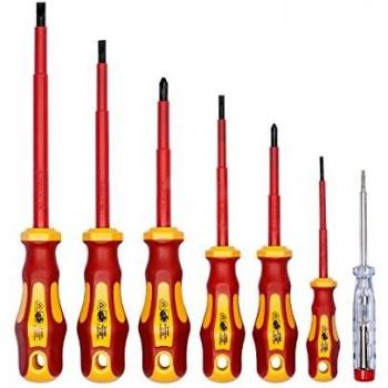 Juego de 7 destornilladores aislados y buscapolos de WIESEMANN 1893 I Aprobado por la VDE | Destronilladores para electricistas I Planos y PH I 80218