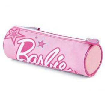 Portatodo cilíndrico Barbie con diseño redondo, material resistente, cierre de cremallera, capacidad para varios útiles escolares y estampado colorido de Barbie