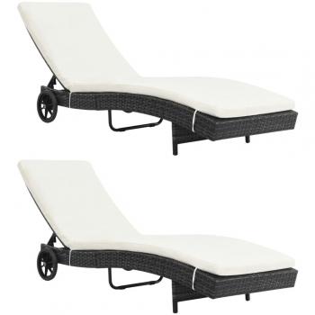 Tumbonas de Polyrattan negro con ruedas y cojines - 2 unidades