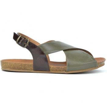 Sandalias planas de mujer de piel en kaki