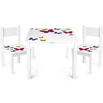 Leomark Mesa y sillas de Madera para niños, 1 Mesa y 2 Silas, Mesas y sillas Infantiles de Madera, Juego de Muebles Infantiles, para Cuarto de los niños, Motivo: En Mariposas, Altura: 49 cm